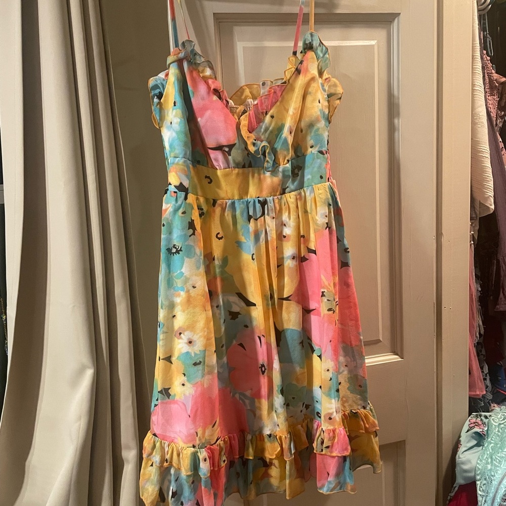 New Look sz8 lovely floral 100% silk sundress pink blue yellow peach w/ ruffles
